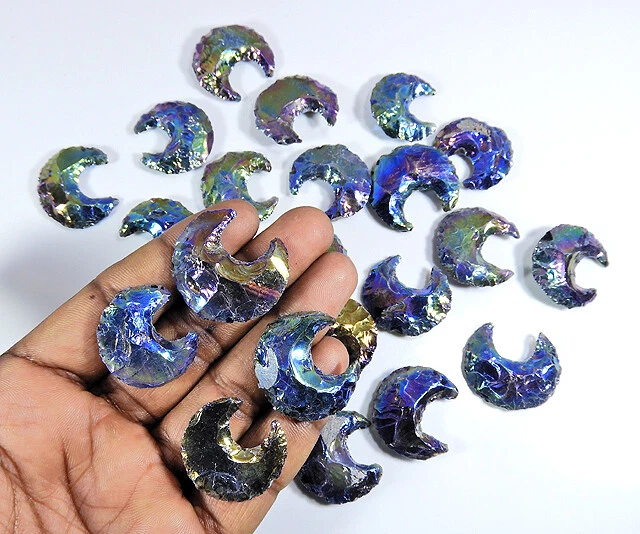 Angel Aura Quartz Obsidian Moon Rainbow Coated Titanium Crescent Glass Moon Ul5 - Image 3 of 4