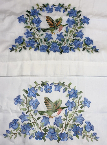 Vintage Stamped Embroidery Pattern Standard Pillowcase Pair Hummingbirds READ - Picture 2 of 5