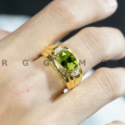 Peridot Cushion Cut Gemstone with 925 Sterling Silver Ring For Men's #B560