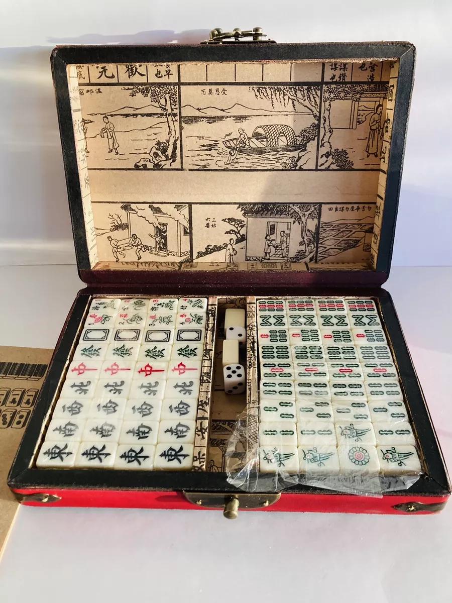 Vintage Chinese Mahjong Set Traditional 144 Tiles Mah-Jong Game Set w/ Case  Box