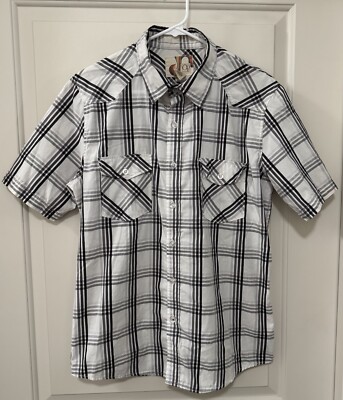 VTG Op Plaid Mens Short Sleeve White Plaid Button Up 2 Pocket Cotton Blend M