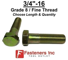 3/4-16 Hex Bolt Yellow Zinc  Grade 8 Cap Screw Fine Thread (Pick Length & Qty)