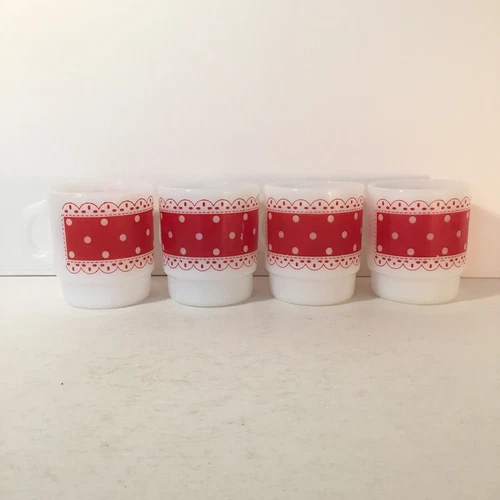 Set 4 Anchor Hocking Fire King Red Polka Dot Eyelet Lace Design Milk Glass Mugs
