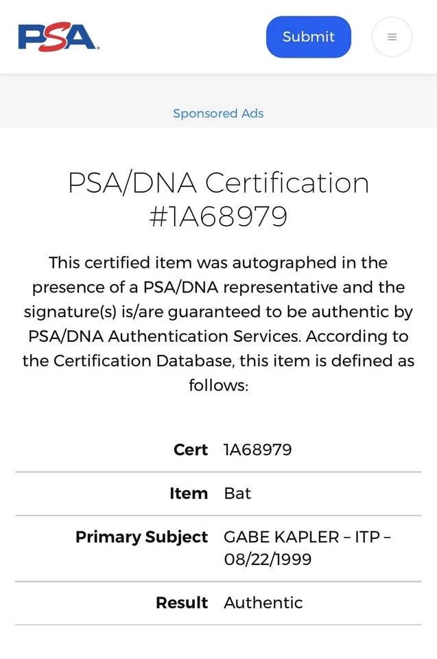 🔥 PSA DNA GABE KAPLER 1999 Signed Autographed Baseball Bat Tigers Giants REDSox - Image 2 of 4