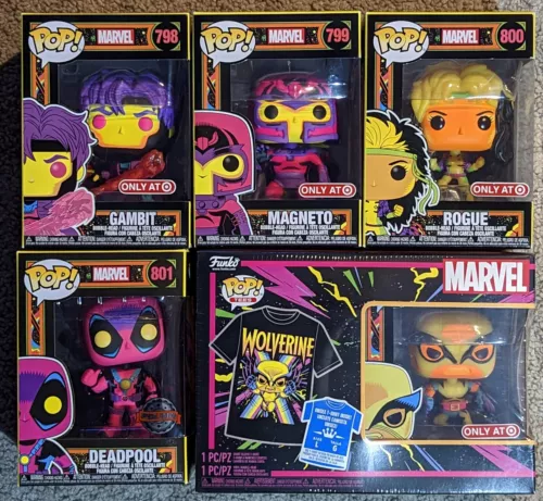 Funko Pop! Deadpool, Gambit, Rogue, Magneto, Wolverine Tee  X-Men Blacklight Set
