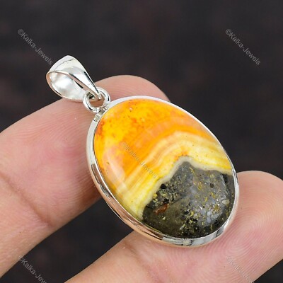 Natural Bumble Bee Jasper Gemstone Pendant Yellow 925 Sterling Silver Jewelry
