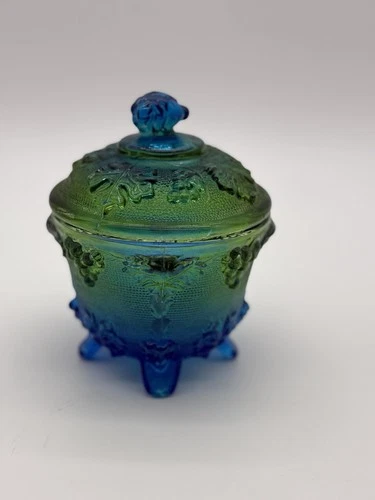 Vintage Jeanette Green Blue Glass Footed Bowl Candy Dish Grapes & Leaves Design