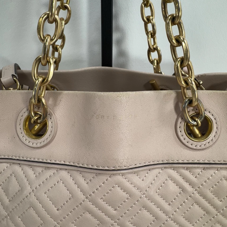 Bolso de Mano Tory Burch Fleming Shell Rosa Acolchado Cuero Triple Compartimento Cadena Foto 3 de 4