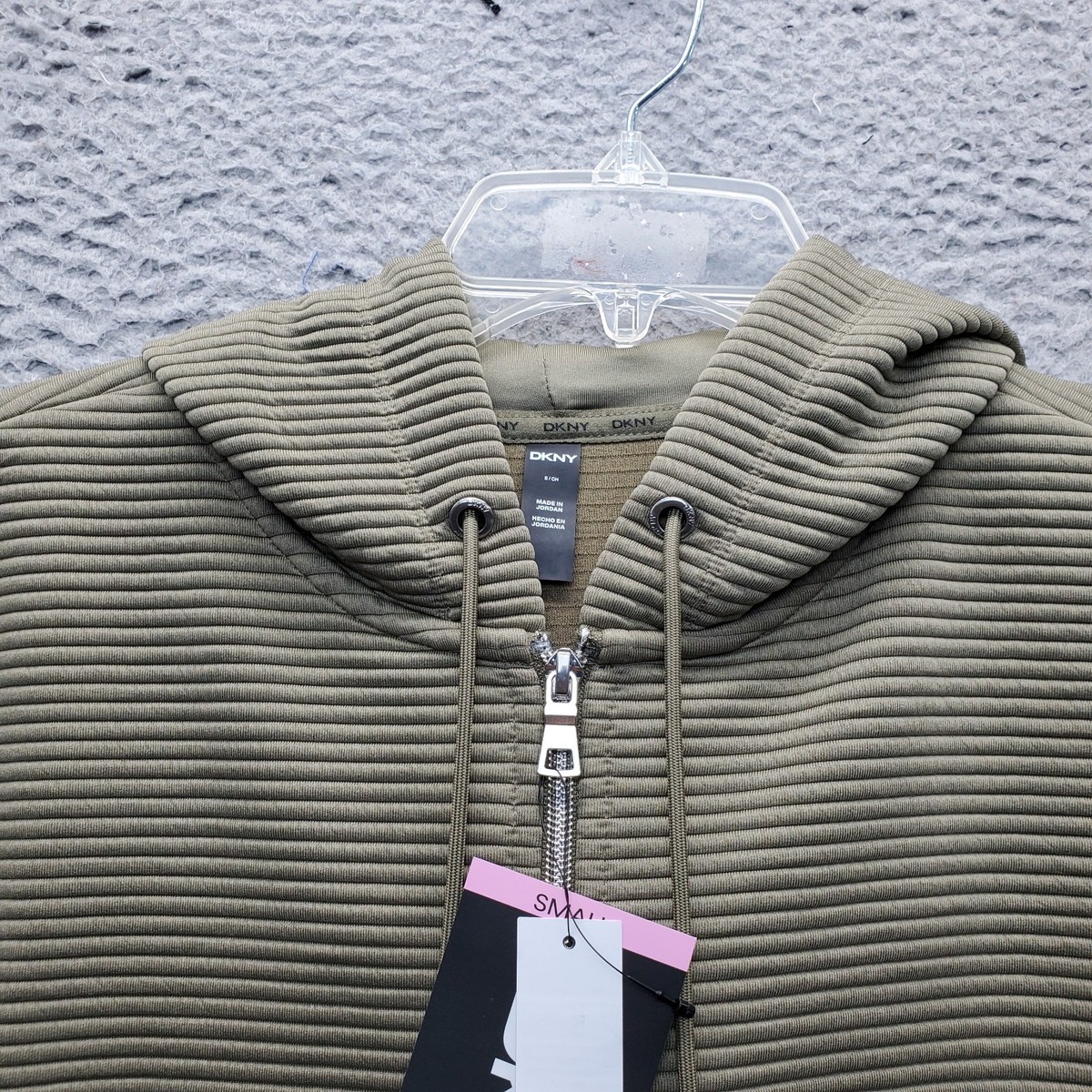 DKNY Hooded Jacket Womens Small Green Ribbed Soft Ottoman Tech 