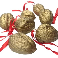 Vintage Gold Hand Painted Walnut Christmas Ornaments 1" Set Of 7 Primitive Woods