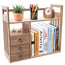Wood Storage Rack Desktop Bookshelf Desk Organizer Tabletop Display Shelf