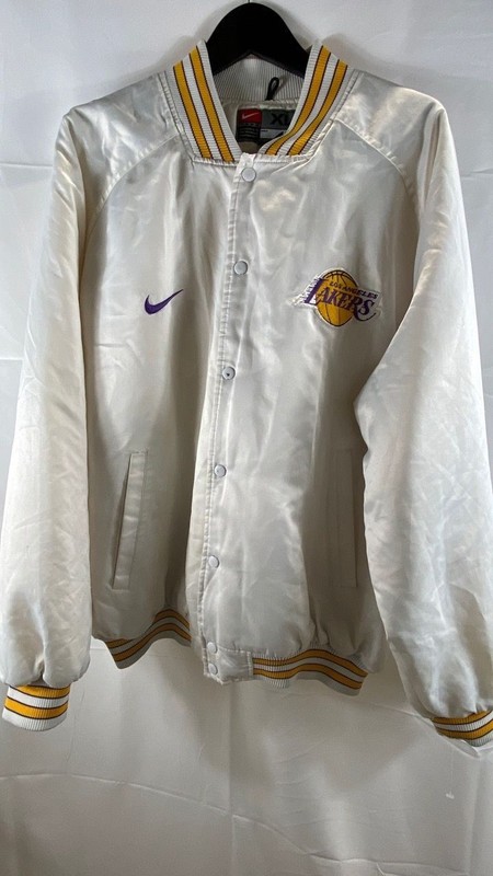 Vintage 90s Nike Lakers Satin Bomber Jacket Snap Front Made in Korea Sz XL
