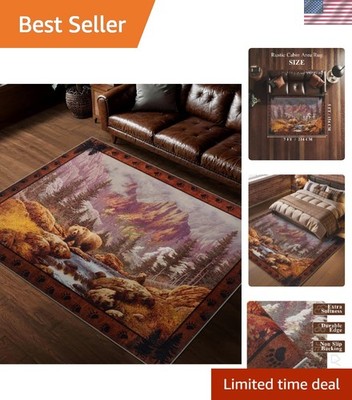 Versatile 5x7 Washable Area Rug - Low Pile, Non-Slip, Mountain Bear Print
