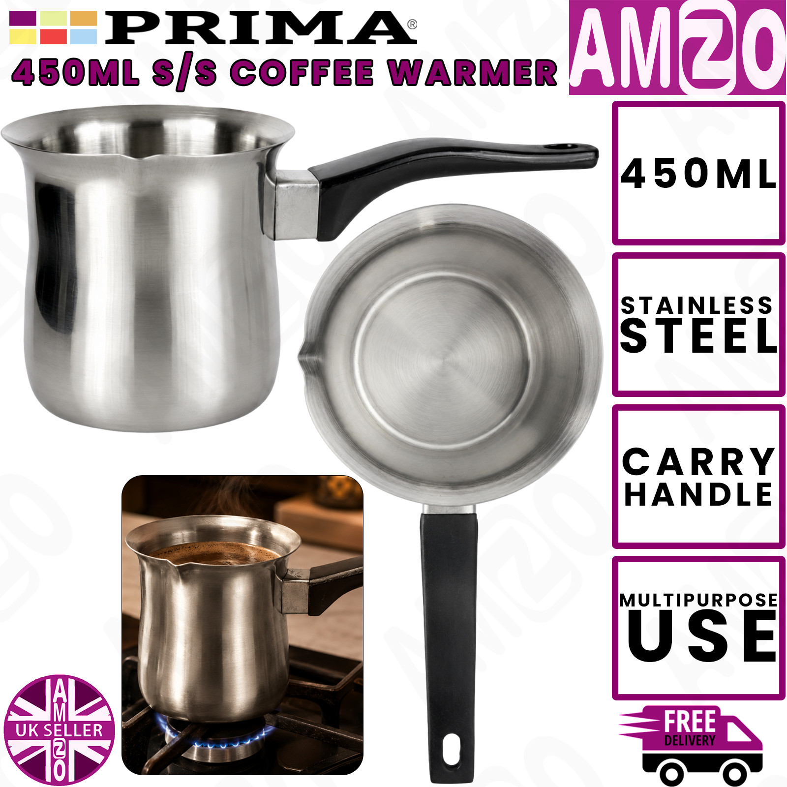 Prima 450ml Stainless Steel Turkish Coffee Warmer Milk Butter Sauce Pot Deep