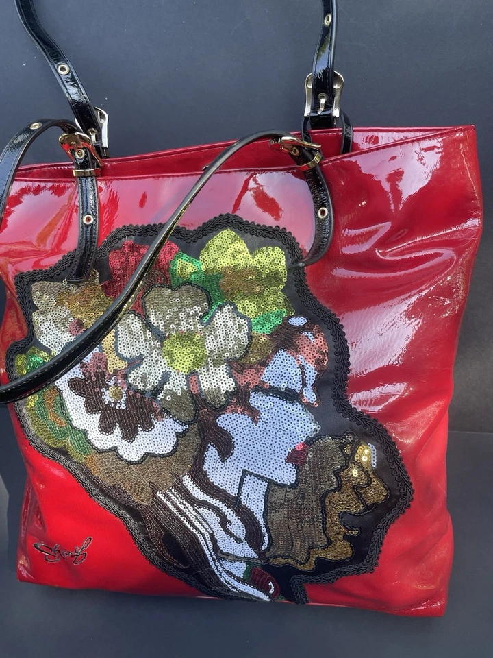 Sharif Purse tote red Sequined face black handles pocket on inside / out - Image 2 of 4