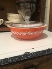 Vtg PYREX Holiday Promo Orange Pine Cone 2 Qt Casserole Bowl Lid #024