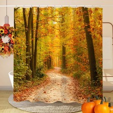 Autumn Forest Shower Curtain, Yellow Fall Maple Leaves Tree Nature Autumn Sea...
