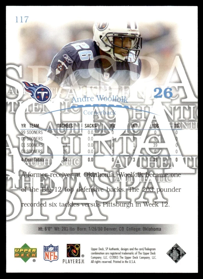 2003 SP Authentic Andre Woolfolk Rookie /2200 Tennessee Titans #117 R9 - Image 2 of 2
