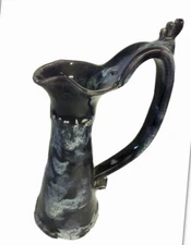 Vintage Studio Art Pottery Pitcher 12” Purple Blue Drip Ribbon Glazed Stoneware
