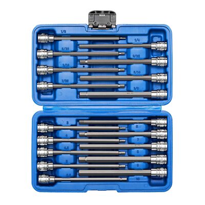 18pcs 3/8'' Drive Long Hex Bit Socket Set Crv S2 Steel Sae/metric Extra Long Alle