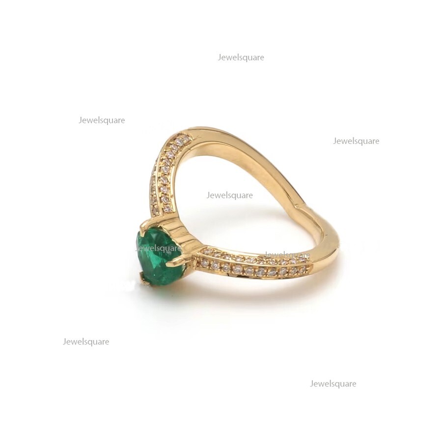 Heart Natural Emerald & Natural Diamond Curve Band Ring 14k Gold Heart