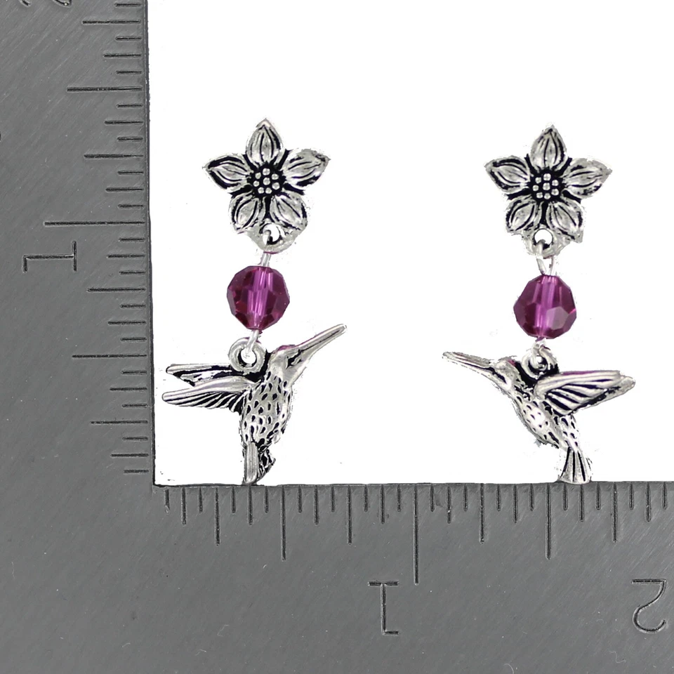 Pendientes HUMMINGBIRD - Postes libres de níquel flor estaño cristales amatista tachuelas Foto 2 de 3