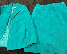 Vtg Abe Schrader 2 PC Teal Suede Skirt Jacket Suit ,Fully Lined Jacket