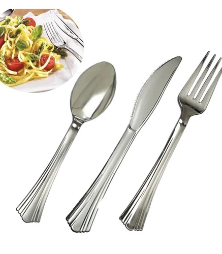 Reusable Plastic METALLIC CUTLERY SET Silver Disposable Strong Knives Spoon Fork