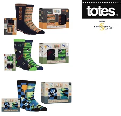 Boys Slipper Socks with Anti Slip Grips 2 Pair Originals Novelty Gift Box- Totes