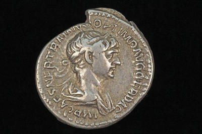 Roman Coin Trajan AR Denarius Fortuna Rudder FORT RED in exergue Rome 116 AD.