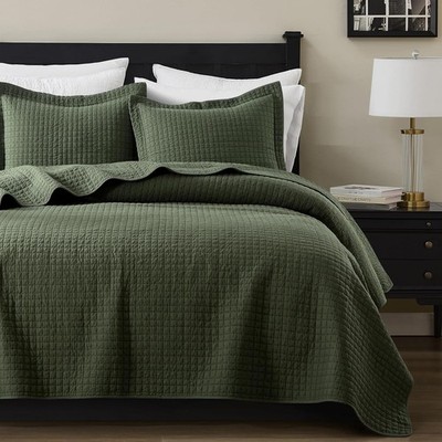 100% Cotton King Size Quilt Set - Olive Green Box Pick Stitch Soft Lightweight