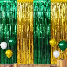 3 Pack Graduation Foil Fringe Curtain Backdrop Green Gold Streamers 3.3x6.6ft