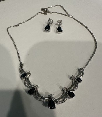 14k White Gold Dark Blue-Black Sapphire Diamond Necklace and Earrings Set