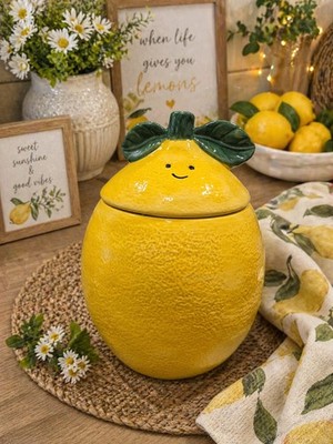 New Yellow Smiling Happy Lemon Fruit Ceramic Cookie Jar Kitchen Room Decor