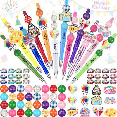 12 Set Beadable Pens, Black Ink, DIY Ballpoint, Wood Crystal, Rainbow, Birthday