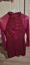 Women s Red Sequin Mesh Long Sleeve Mock Neck Dance Leotard Unitard