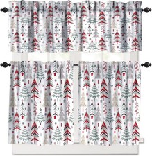 Christmas Kitchen Valance Curtain Set, Xmas Tree Winter Snowflake Pattern Win...