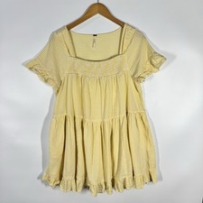 Free People Women's Sun Dress Medium Yellow Gingham Short Sleeve Square Neck