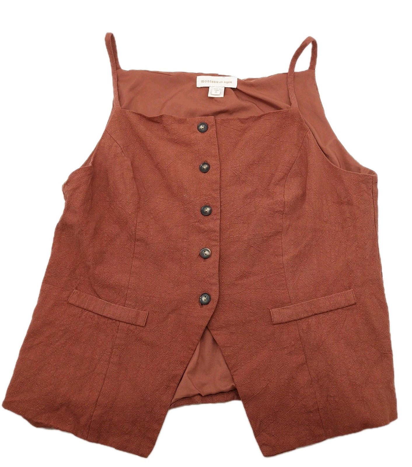 Monteau Womens Vest Shirt Size XL Brown Linen Blend Sleeveless Button Front Rust