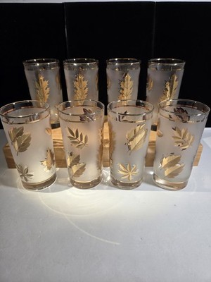 EUC Vintage Libbey Golden Foliage Highball Glasses Set 8 Frosted 22K Gold MCM