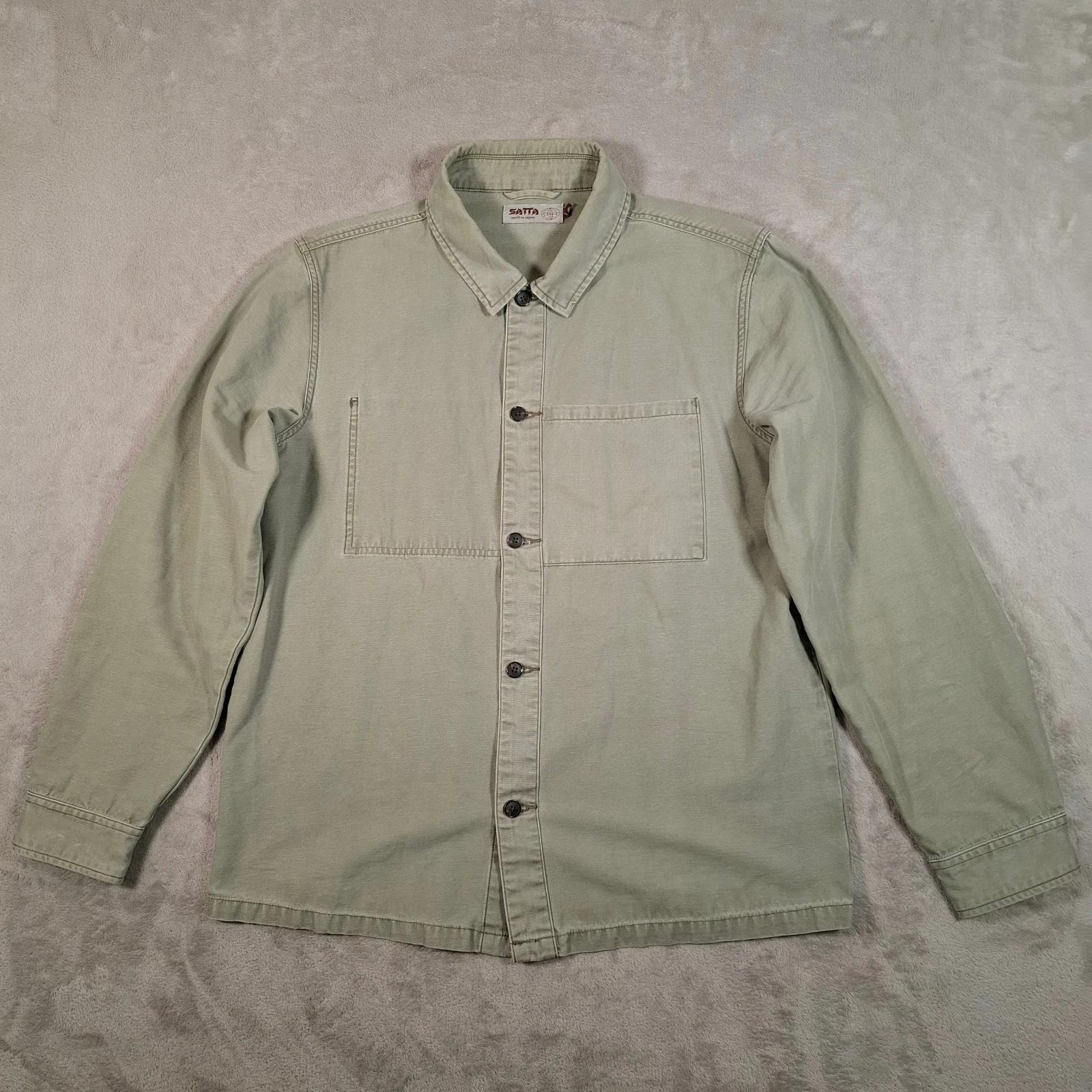 Satta Chore Jacket Mens Medium Beige Workwear Utility Overshirt Canvas Cotton