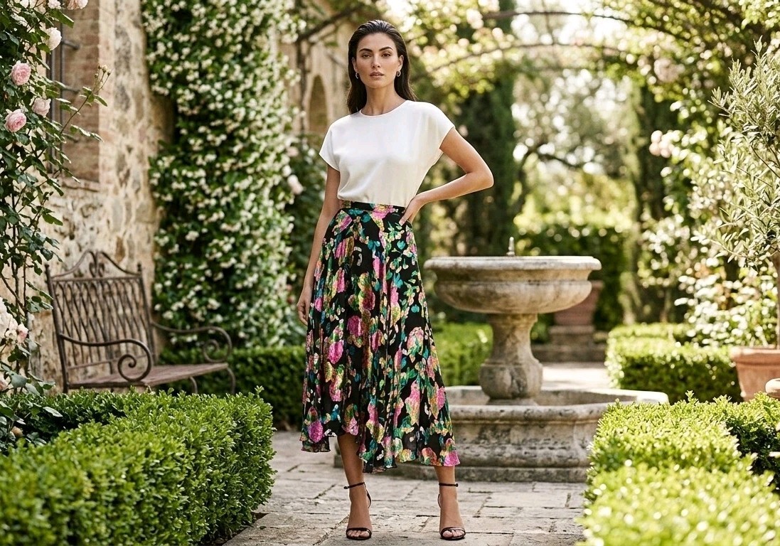 Saloni Ida B Hydrangea Silk Midi Skirt Floral Boho Classy