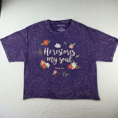 Chemistry Women's Size Medium Cropped Top T Shirt Short Sleeve He Restores Me 
