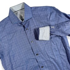 Bugatchi Uomo Dress Shirt Mens 15 32/33 Button Up Blue Micro Check Cotton Luxury