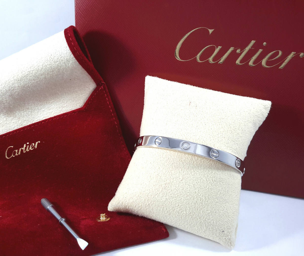 CARTIER LOVE BRACELET 18K WHITE GOLD 6 DIAMONDS SIZE 16 W/BOX