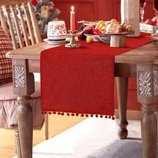 Christmas Table Runner, 14x108 inch Rustic Burlap Table Runner with Pom Pom R...