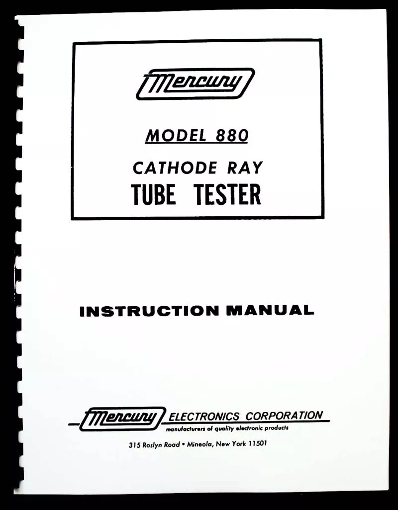 Mercury 880 Cathode Ray Tube Tester Instruction Manual And Tube.