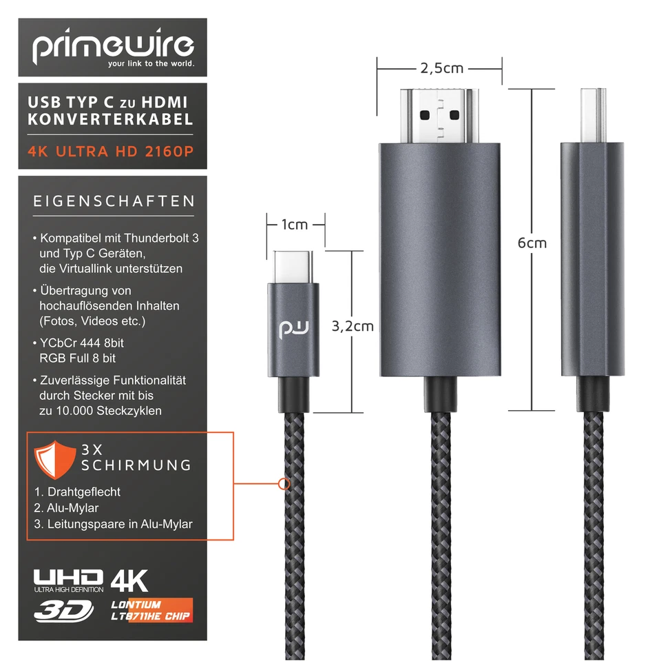 Primewire 3m USB Typ C zu HDMI Konverterkabel - 4K Kabel - UHD 3840x2160@60Hz 3D - Bild 2 von 4