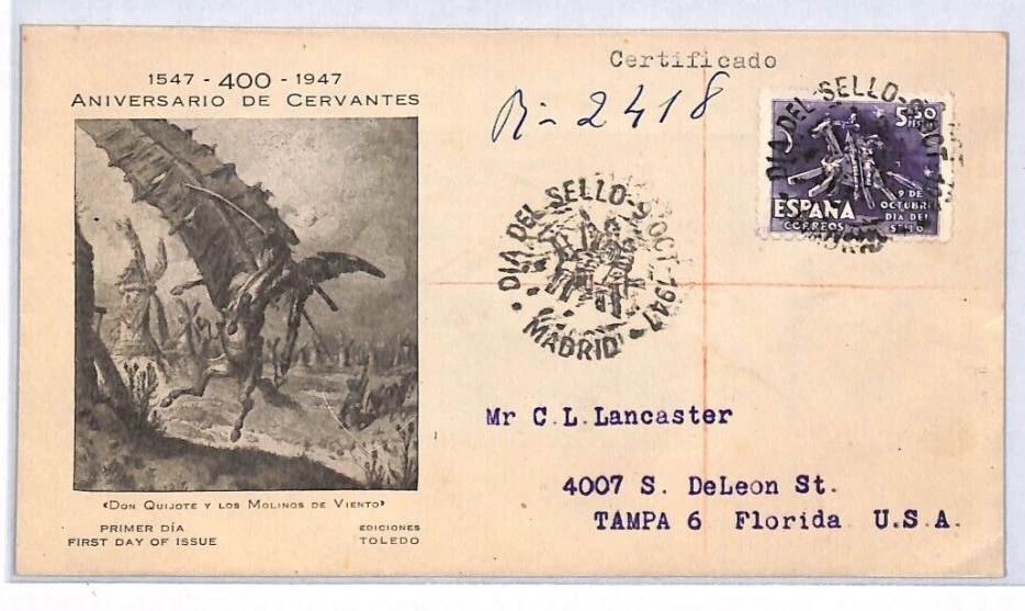 SPAIN 1947 FDC *DON QUIJOTE* Fancy Cancel ILLUSTRATED First Day Cover YQ254 - Image 2 of 4