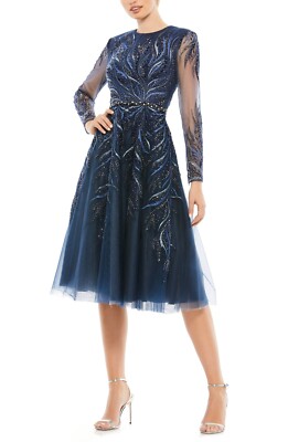Mac Duggal Embellished Long Sleeve Fit & Flare Midi Cocktail Dress-Size 4 |  eBay